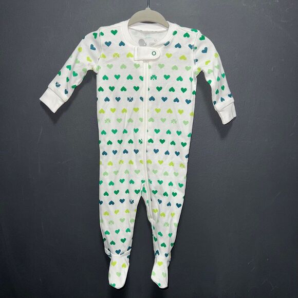 Primary Brand Footed Sleeper Pajamas Infants 0-3m Green White Heart Print - Picture 1 of 6